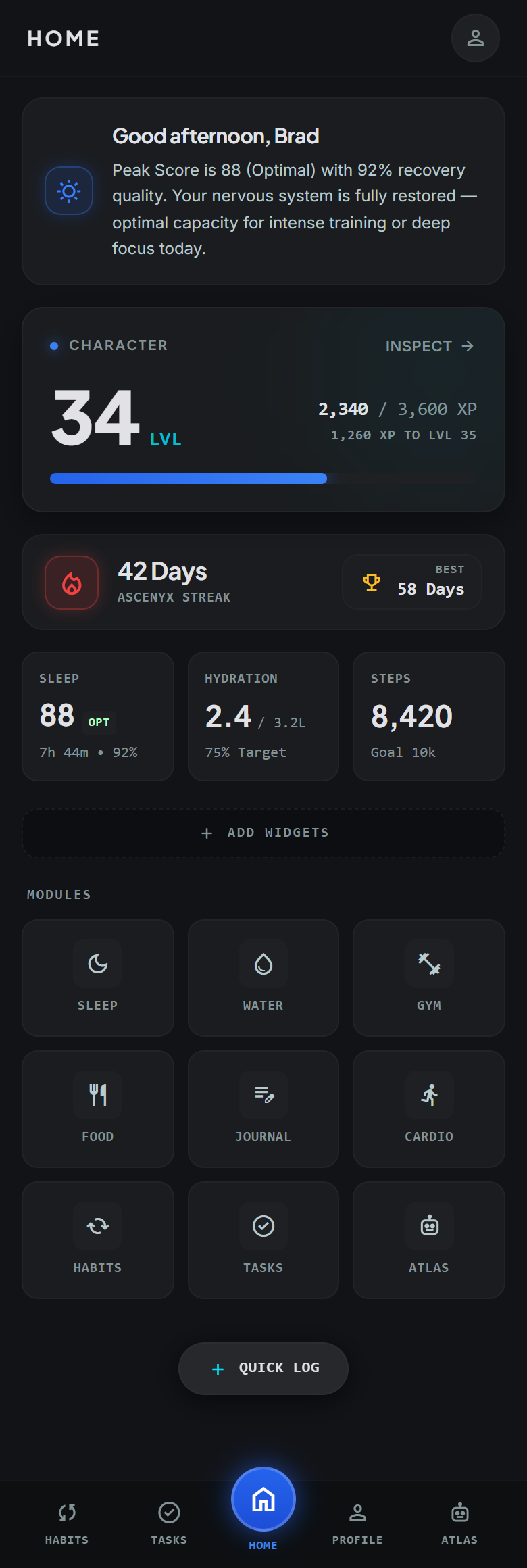 Ascenyx home screen showing character level, streak, sleep, hydration and steps